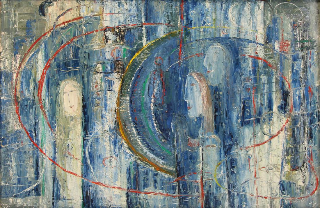 JINDRA HUSARIKOVA (CZECH, 1931-2016).: Oil on canvas. Surrealist Scene. Signed lower right. From a Long Island, NY collection. - Dimensions: 24" high x 36" wide
