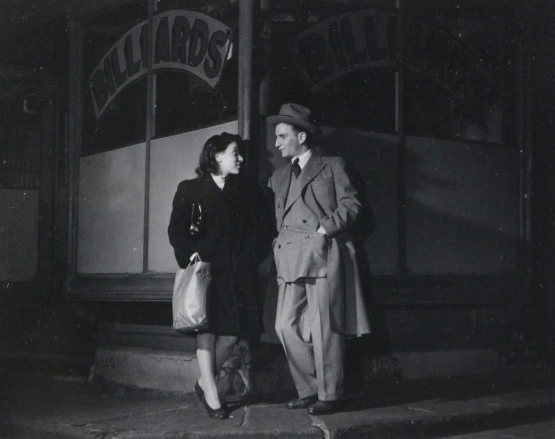 WALTER ROSENBLUM (AMERICAN, 1919-2006).: Gelatin silver print. "Pool Hall, Pitt Street, NY". 1938. Signed in pen on verso of mount. Titled, dated and signed on label affixed on verso of mat. Swann Gallery lot sticker affixed to gla