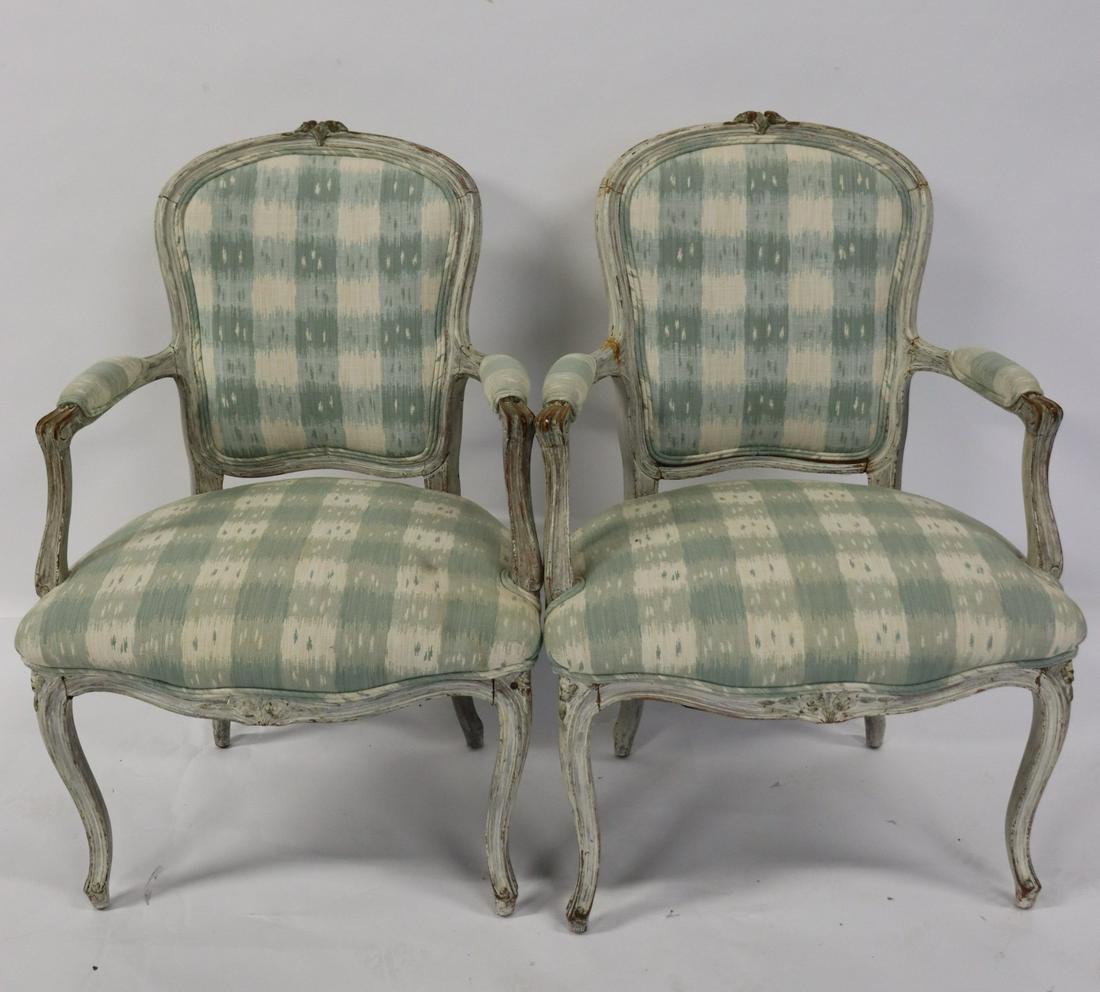 An Antique Pair Of Louis XV Style Arm Chairs.: A nice quality pair with paint finish. From a Bronxville NY estate. - Dimensions: 36"H x 24" x 23.5"