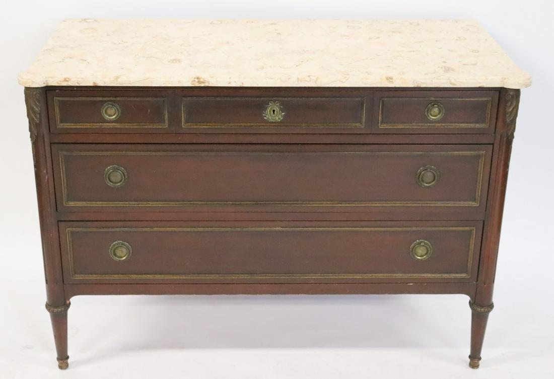 Antique Louis XV1 Style Marble Top Commode: Nice quality and original patina. From an Upper West Side NYC estate. - Dimensions: 34"H x 47" x 22"