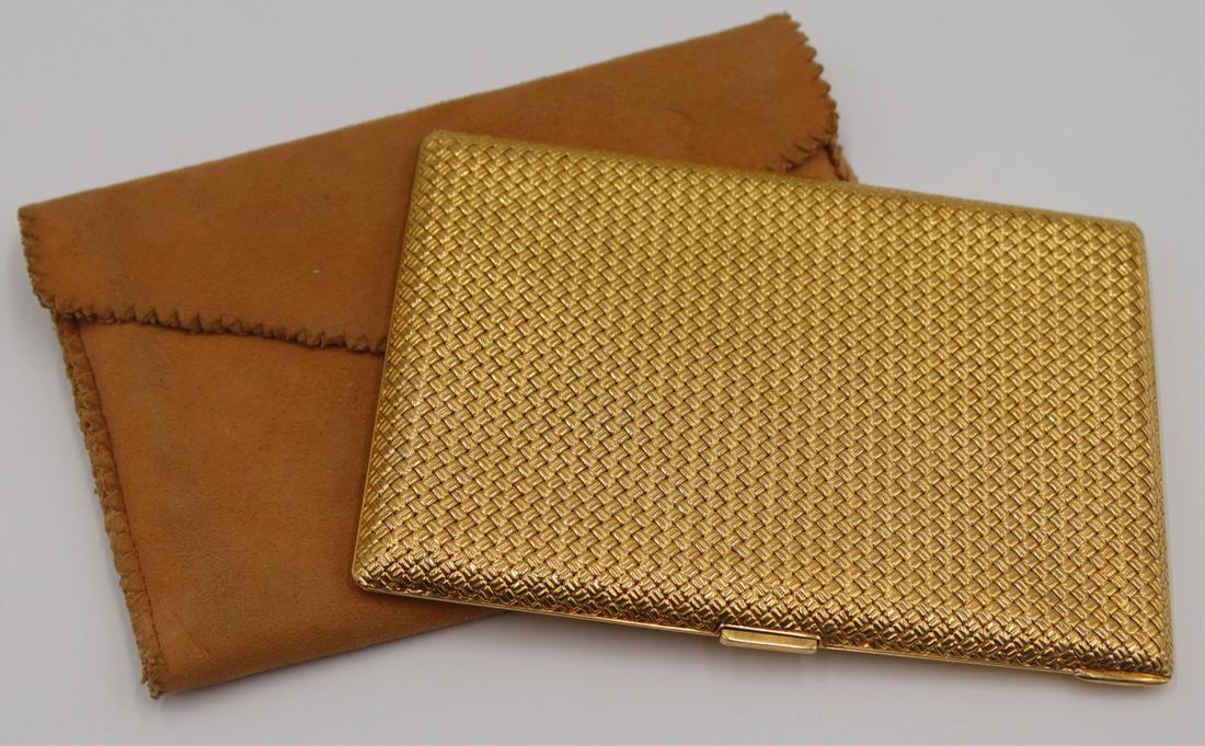 GOLD. Van Cleef & Arpels 18kt Gold Woven Case.: Van Cleef & Arpels 18kt yellow gold woven hinged cigarette case. With interior inscription reading, "To Bill with great admiration September 28 1961 Herman & Eugene". Stamped, "