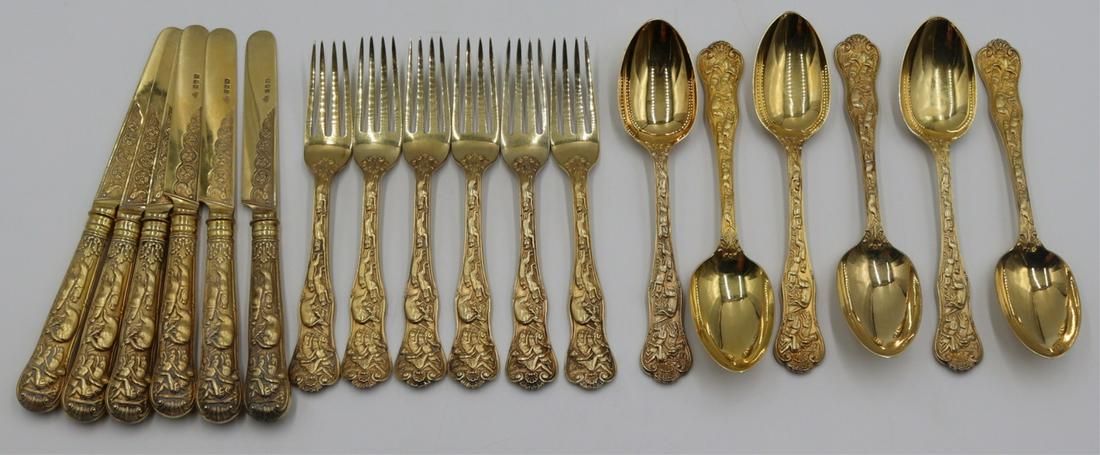 SILVER. 18 Pc. English Gilt Silver Flatware Set. (1 of 16)