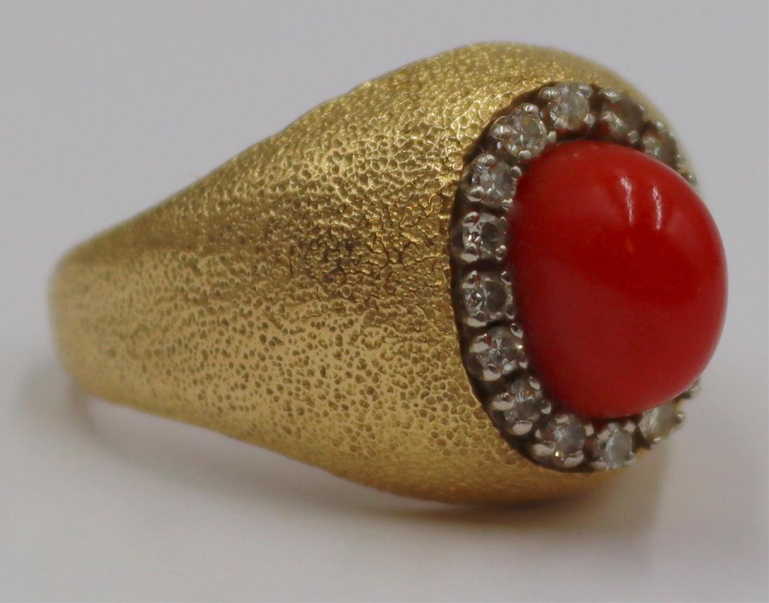 JEWELRY. 18kt Gold, Red Coral, and Diamond Ring. (1 of 8)