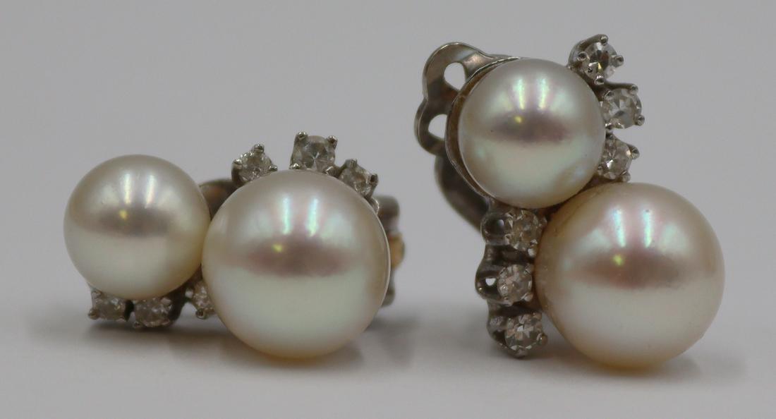 JEWELRY. Pair of 14kt Gold, Pearl, and Diamond Ear (1 of 6)