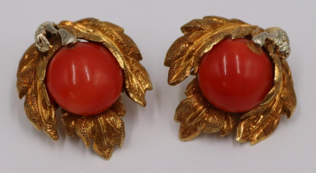 JEWELRY. Pair of 18kt Gold, Coral, and Diamond Ear (1 of 8)