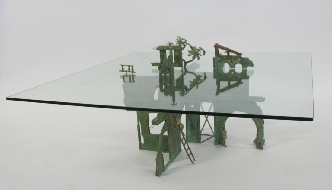 Patinated Bronze Ruin Form Glass Top Coffee Table (1 of 7)