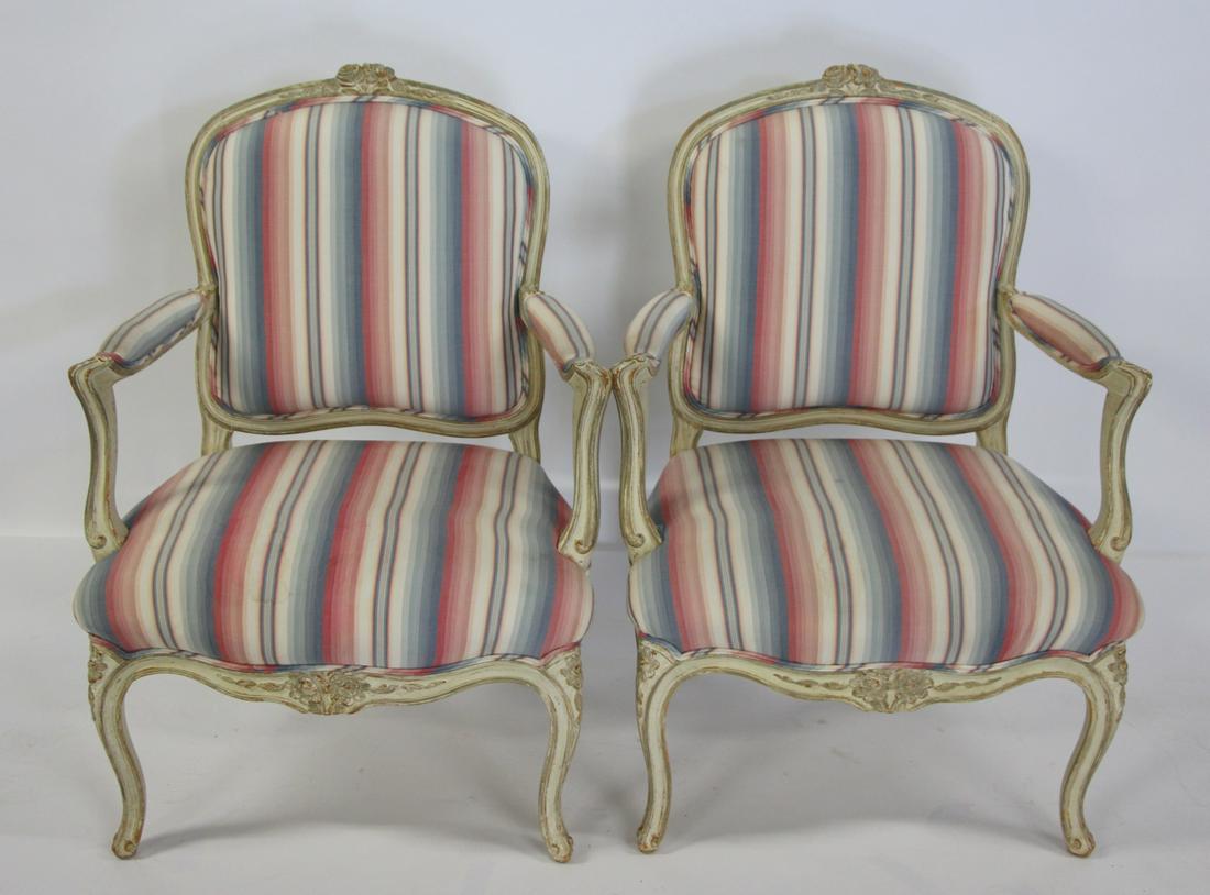 Pair Of Louis XV Style Upholstered Armchairs.: From a Purchase NY estate. -Dimensions: 36" h x 27.5" w x 21" d