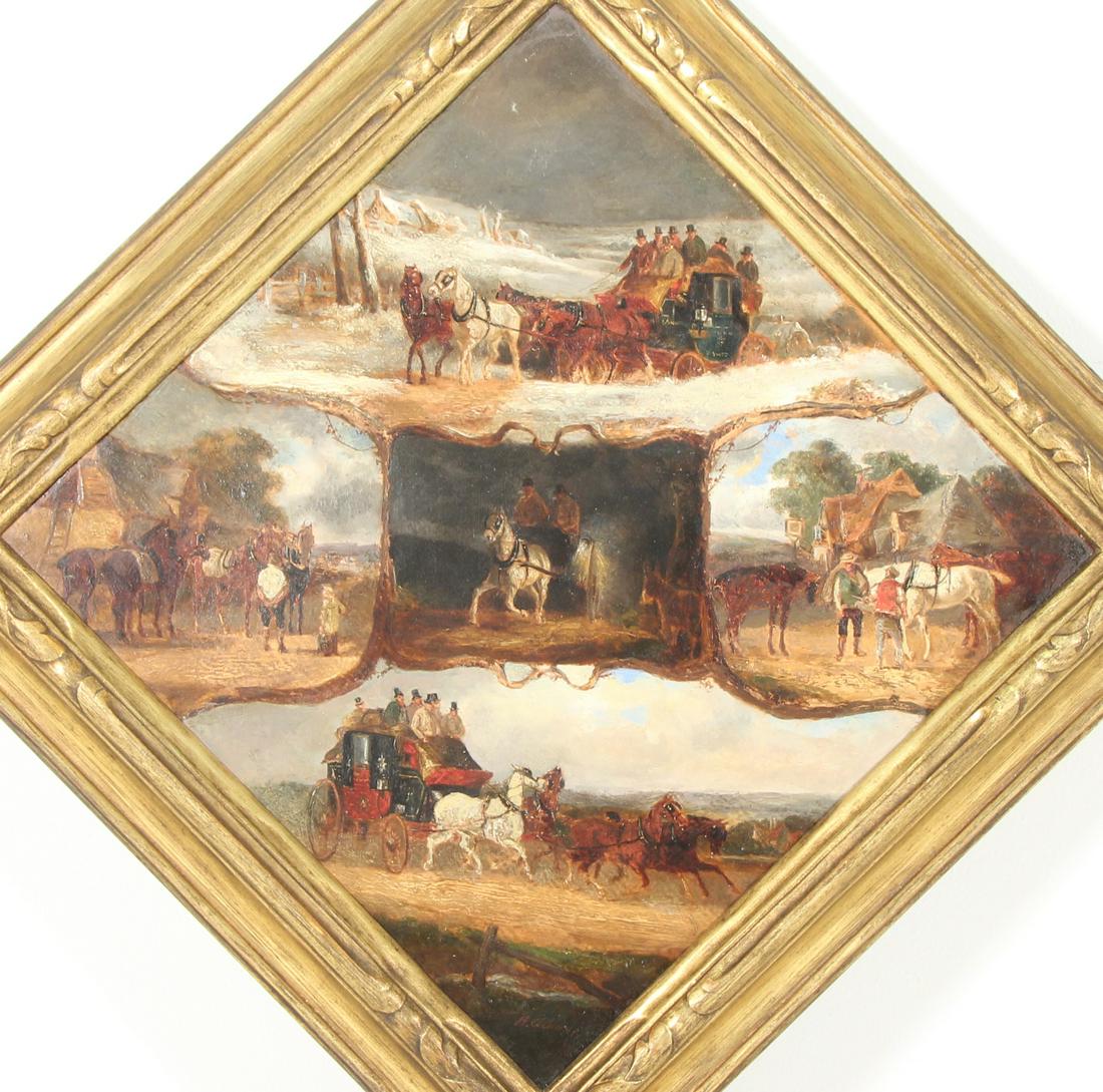 HENRY THOMAS ALKEN (BRITISH, 1785-1851).: Oil on panel. Carriage Scenes. Signed lower center. Arthur Ackermann gallery label affixed verso. From a Stamford, CT collection. Dimensions: 12" high x 12" wide Condition: Surface scuffs and scratche