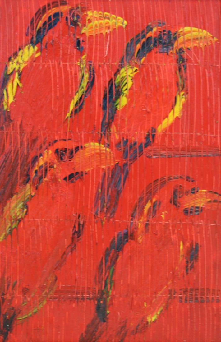HUNT SLONEM (AMERICAN, b. 1951).: Oil on board. "Groove Billed Barbets". 2010. Signed, titled, and dated verso. From a New Jersey collection. Dimensions: 18" high x 12" wide Condition: Good.