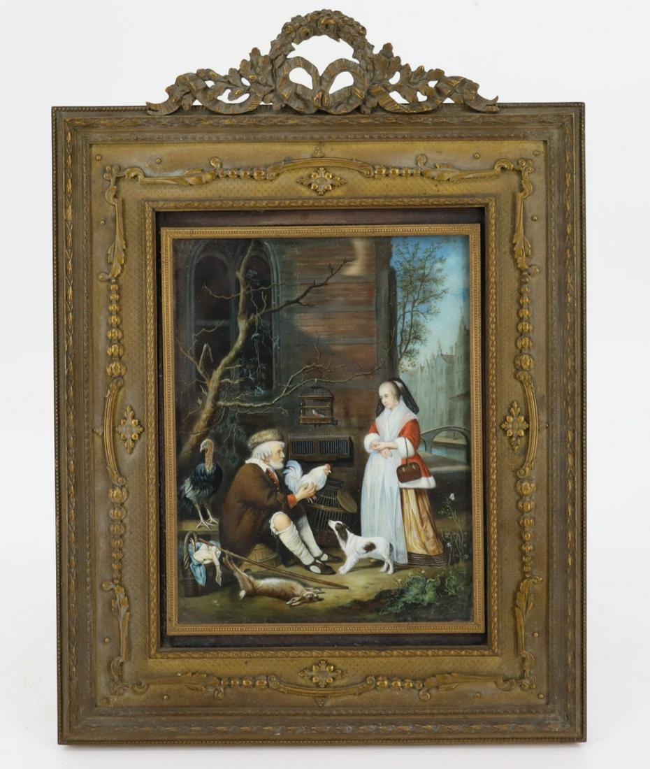 Gabriel Metsu (1629 - 1667) Follower Painting: On Bone. Signed illegibly lower right. In an ornate French bronze frame. From a Darien, CT estate. Dimensions: Painting7.75" x6" frame 14.5" x10.5" Condition: Good, frame has some discoloration verso.