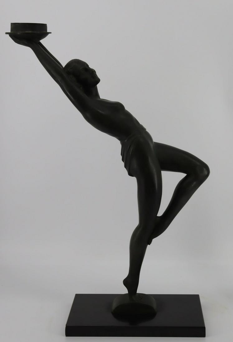 Large Art Deco Bronze Figure Of A Dancing Nude: A finely executed bronze (Probably a light originally) From a Stamford CT estate. Dimensions: 31"H Condition: Odd scuffs.
