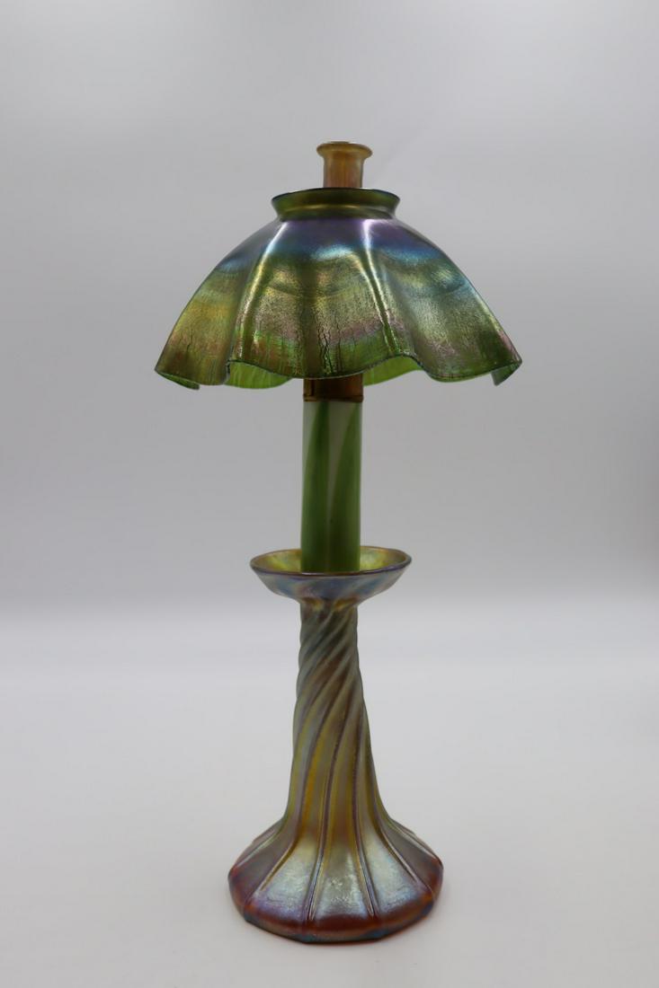 Tiffany Favrille Glass Candlestick Lamp & Shade. (1 of 10)