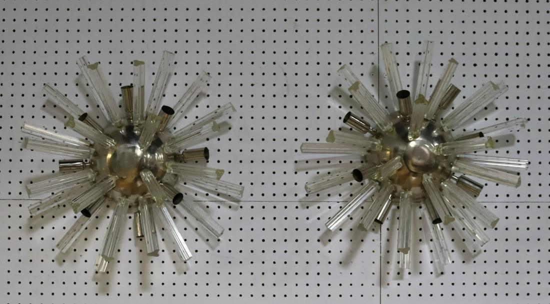 Midcentury Pair Of Chrome Sputnik Style Sconces.: Great and decorative with glass spikes. From a Scarsdale NY estate. Dimensions: 20" x 9" Deep Condition: Good, not tested.