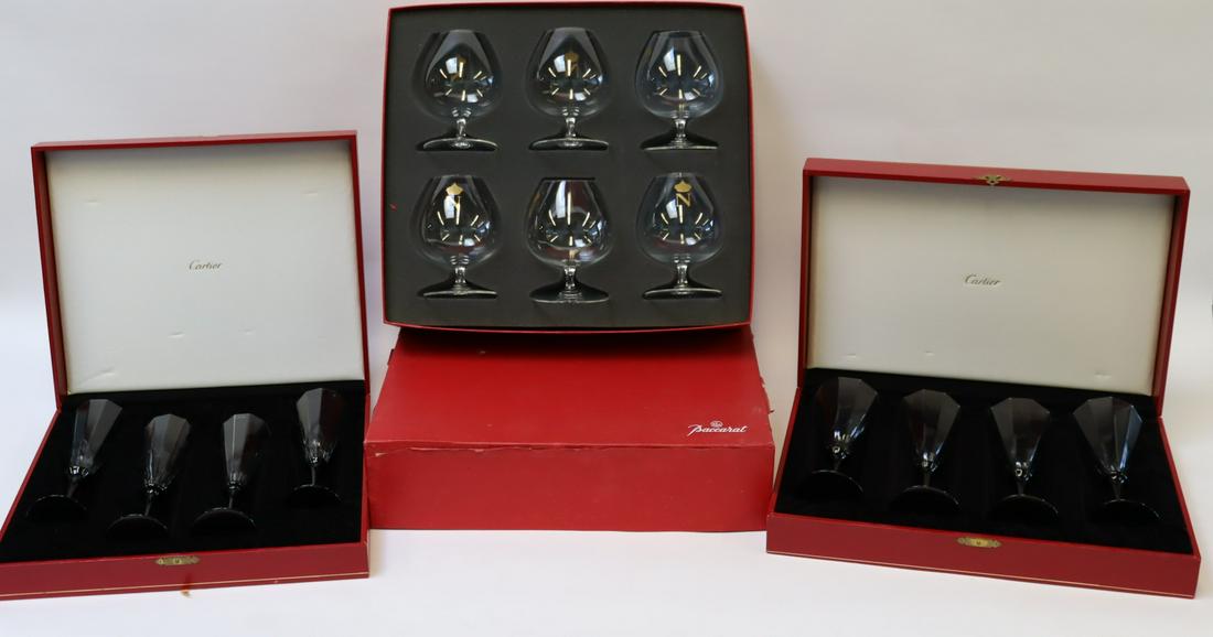 Cartier & Baccarat Boxed Glass Stemware: To include 6 Baccarat Brandy glasses (2.5" dia x 5.5" h) in box and 4 Champagne Flutes (2.5" dia x 9" h) in box and 4 Wine ? Flutes (3.25" dia x 8.25" h) in box. From a Pelham Manor NY estate. Conditi