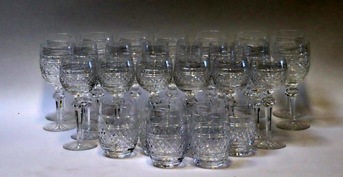 A Lot Waterford "Castletown" Cut Glasses.: To include 2 Juice (2.75" dia x 4.25" h), 4 Water (3" dia x 4.5" h), 6 White Wine (2.75" dia x 7.5" h), 7 Red Wine (3" dia x 7.75" h), 7 Red Wine (3" dia x 7.5" h) and 6 Champagne (2.25" dia x 7.75). 