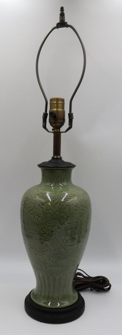 Chinese Longquan Celadon Vase.: Mounted as a lamp. Most surely Ming dynasty. From a White Plains, NY estate. Dimensions: vase measures approx. 11.75" h. Condition: Good, with light surface scratches and minor dings/dents.