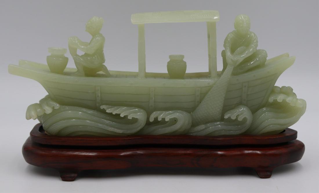 Carved Jade Figural Grouping of Fisherman on Boat. (1 of 9)