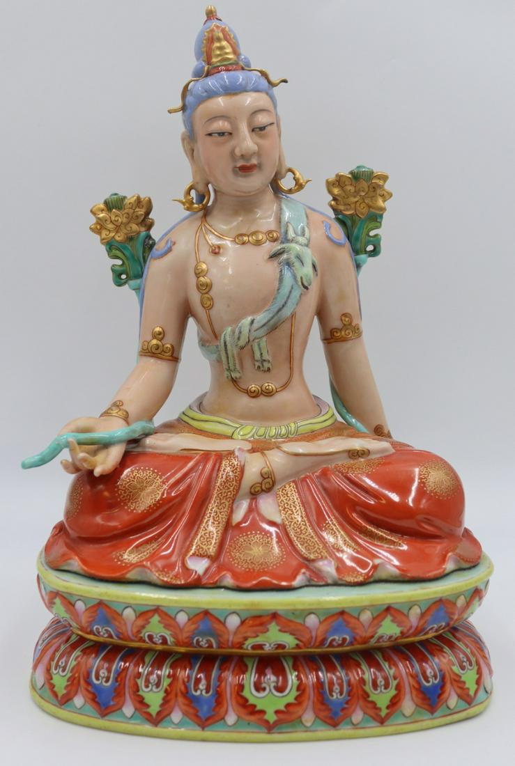 Unusual Enamel Decorated Seated Buddha.