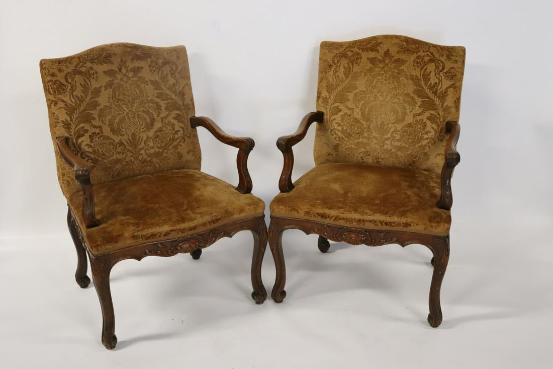 A Pair Of Antique Louis XV Style Arm Chairs.: From a Nyack NY estate. Dimensions: 39" x 26" x 23" Condition: Overall good odd scuffs and scratches.