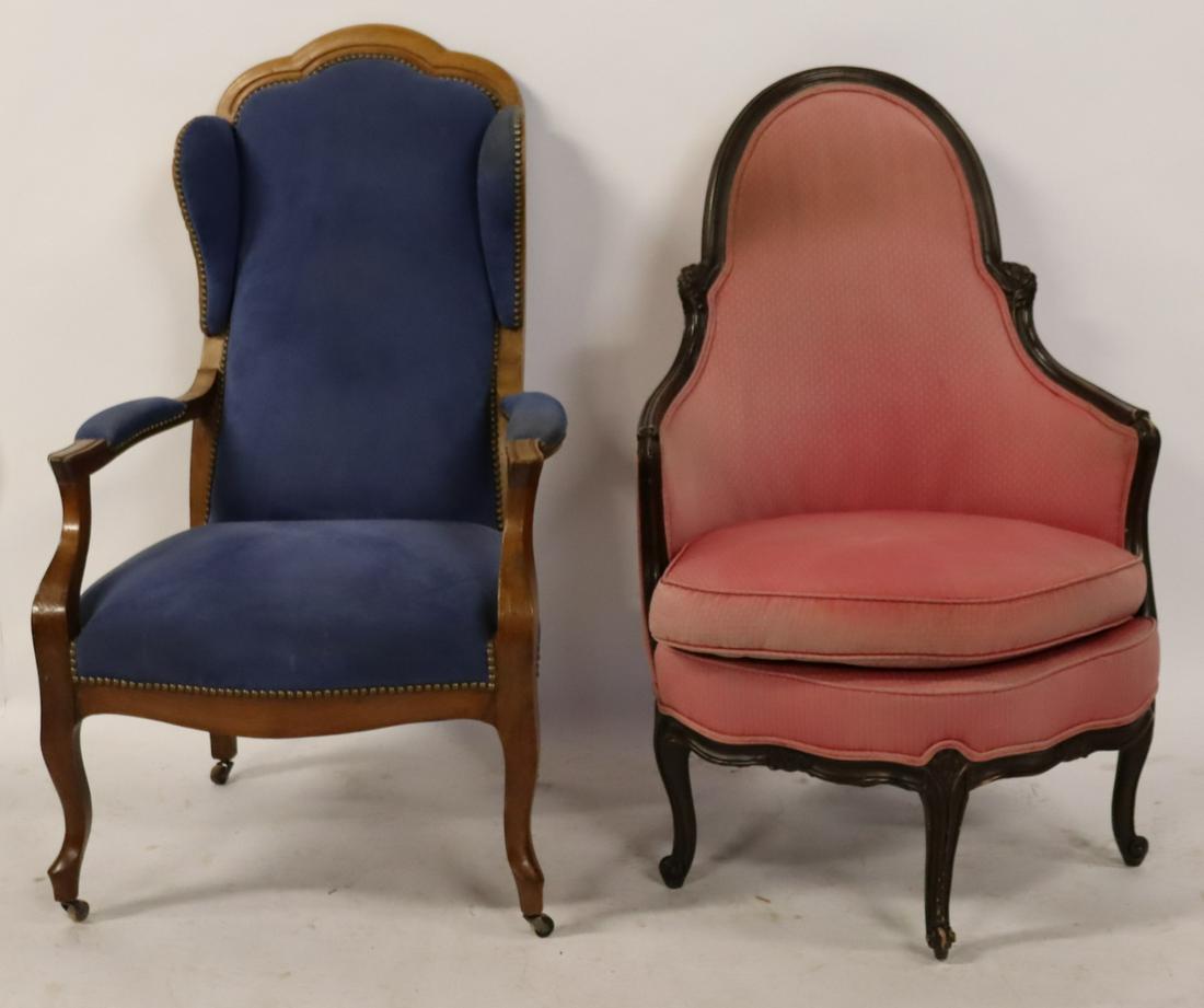 Antique Louis XV Style Chair Together With An: 18th Century French Provincial Chair (42.5" h x 27" w x 25" d). From a Greenwich CT estate. Dimensions: Louis XV Style: 45.5" h x 27" w x 22"d Condition: Fabric fading on Louis XV and wood fading on p