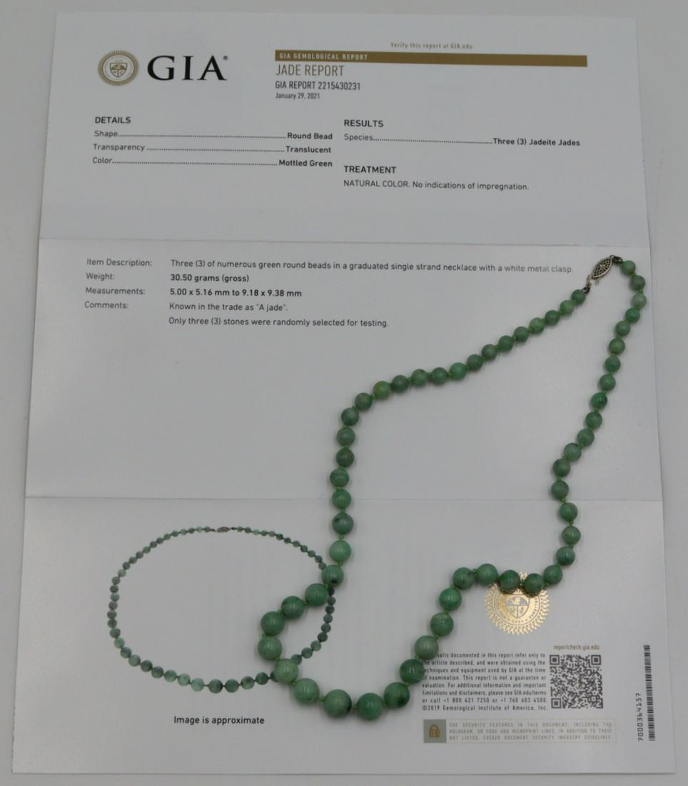 JEWELRY. GIA Natural Untreated Jade, no 2215430231: Single strand of individually knotted natural, untreated jadeite bead necklace with a 14kt white gold clasp. Accompanied by a January 29th, 2021 Jade Report no. 2215430231 stating this is comprised of