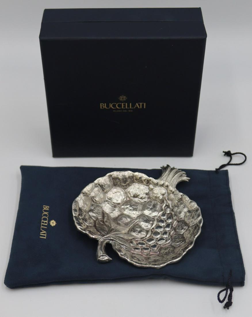 STERLING. Buccellati Sterling Pomegranate Dish.: Buccellati sterling pomegranate dish. Stamped to underside, "Buccellati Italy 925 Sterling" with an Italian national mark signifying a city origin of Milan. Accompanied by the Buccellati dust bag ando