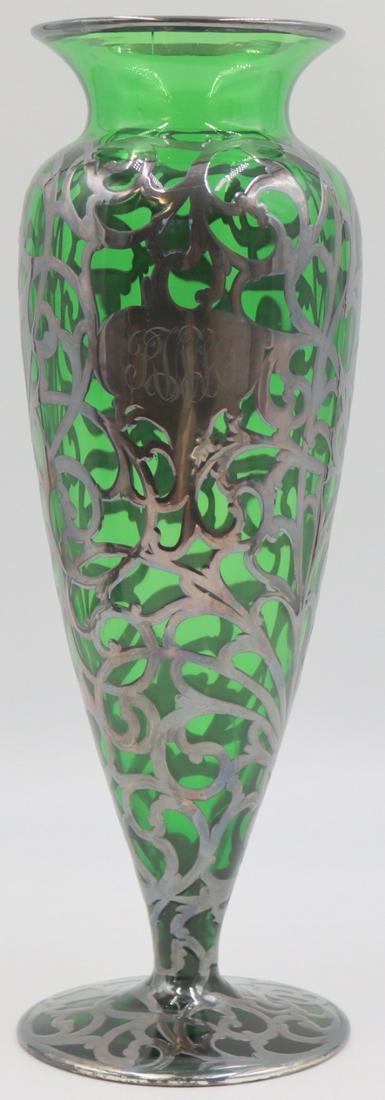 STERLING. Alvin Sterling Overlay Green Glass Vase. (1 of 4)