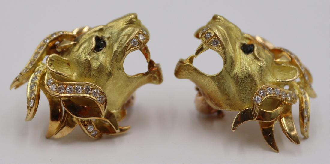 JEWELRY. Pair of Signed 18kt Gold and Diamond Lion (1 of 6)