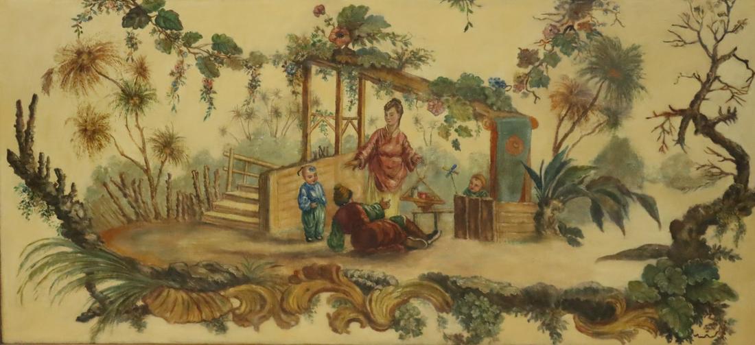 Unsigned Oil On Masonite Chinoiserie Painting.: A nice large size. From a Greenwich Village, NYC estate. Dimensions: 33" high x 70" wide Condition: Good.