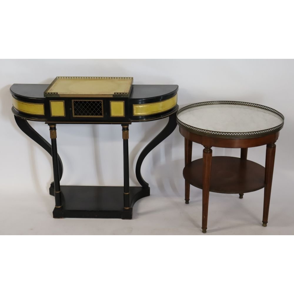 Antique Leathertop Console Together With: A Marbletop Builloitte table. From a Scarsdale NY estate. -Dimensions: 30" x 14" x 42" Table 26" x 24"