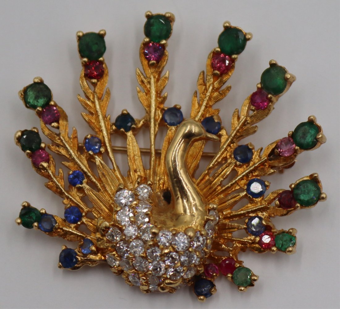 JEWELRY. 18kt Gold, Colored Gem and Diamond Brooch (1 of 8)