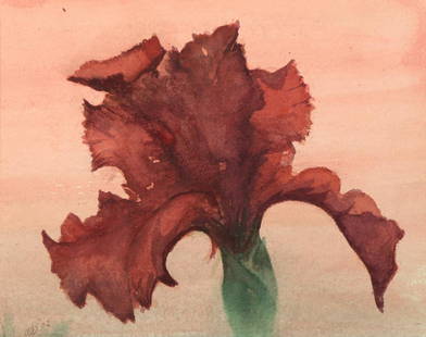 AARON SHIKLER (AMERICAN, 1922-2015).: Watercolor on paper mounted to board. "Red Iris on Pink Background". 2002. Signed and dated lower left. Davis and Langdale Company, Inc. gallery labels verso. From an Arizona collection. Dimensions: 9