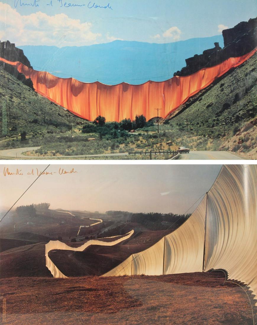 CHRISTO AND JEAN-CLAUDE: Pair of signed posters. Valley Curtain and Running Fence. From a Rockland County, NY collection. Dimensions: 25" high x 39" wide