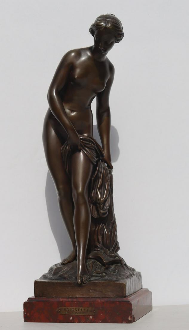 Etienne Maurice Falconet (FR 1716 - 1791) Signed: Bronze Sculpture "Baigneuse" signed and dated 1757 on the base and mounted on rouge marble. From a Hempstead New York estate. Dimensions: 19.25" or 21" with base