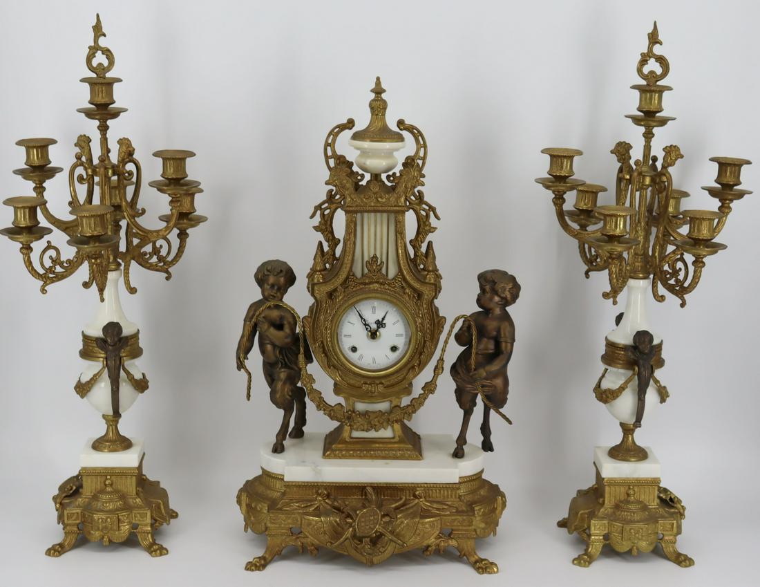 Vintage Bronze and Marble 3 Piece Clock Garniture (1 of 9)