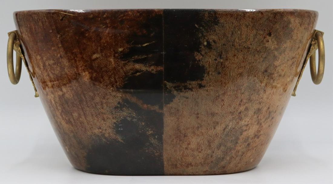 Unusual Aldo Tura Double Wine Cooler.: Aldo Tura double wine cooler with gilt bronze foliate form handles, and original liner. Paper label to underside. From an E 66th St, Manhattan estate. Dimensions: wine cooler measures approx. 15.375"