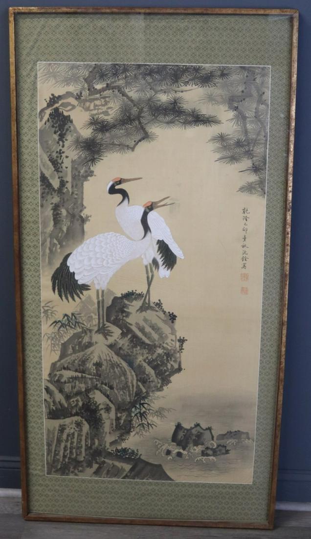 Asian Scroll Painting of Cranes. (1 of 10)