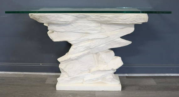 Emilio Terry White Painted Rock Form Console: Table. From a Scarsdale NY estate. Dimensions: Base is 31.25" h x 39.5" w x 17" d, with Glass: 32" h x 56" w x 19" d (**3.30.21 updated dimensions to include base only).