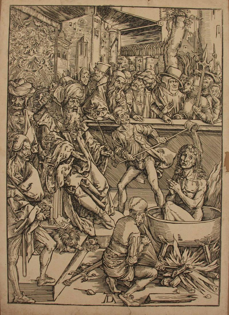 ALBRECHT DURER (GERMAN, 1471-1528).: Woodcut. "Torture of St. John". From a New York collection. - Dimensions: 16.5" high x 11.75" wide