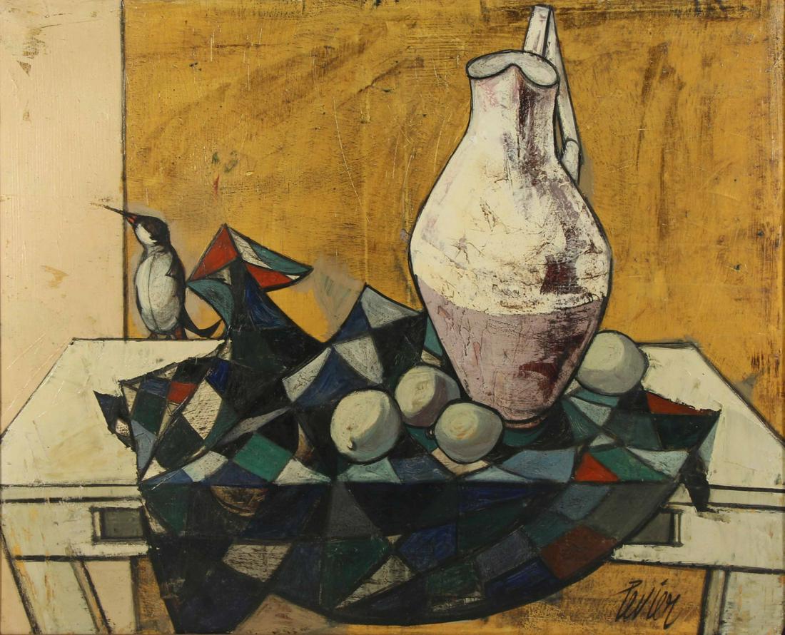 CHARLES LEVIER (FRENCH, 1920-2003).: Oil on canvas. "Pot et Citrons". Signed lower right. Signed and titled verso. Van Dieman-Lilienfeld Galleries Label affixed verso. From a Long Island, NY collection. - Dimensions: 23.5" high