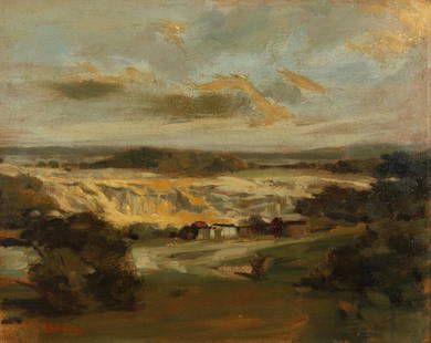 AARON SHIKLER (AMERICAN, 1922-2015).: Oil on canvas. "Quarry Near Port Even". 1957. Signed lower left. Davis Galleries label affixed verso. From a New Jersey collection. - Dimensions: 8" high x 10" wide