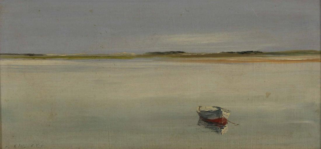 ANNE PACKARD (AMERICAN, b. 1933).: Oil on board. Coastal Landscape. Signed lower left. From a Larchmont, NY collection. - Dimensions: 3.5" high x 7.5" wide
