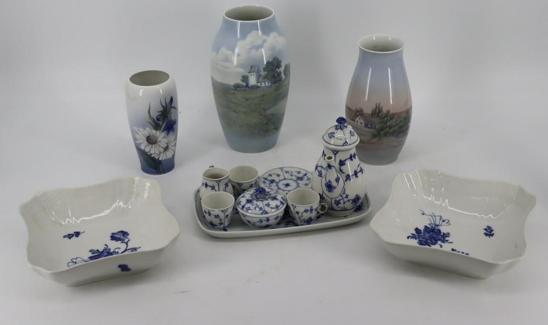Royal Copenhagen & B&G Porcelain Grouping: To include 3 vases, a demitasse set and 2 bowls and a lidded tureen. - Dimensions: bowl 10" & tureen 5"