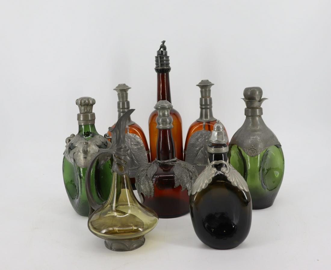 Lot Of 8 Pewter Clad Colored Glass Bottles. (1 of 5)