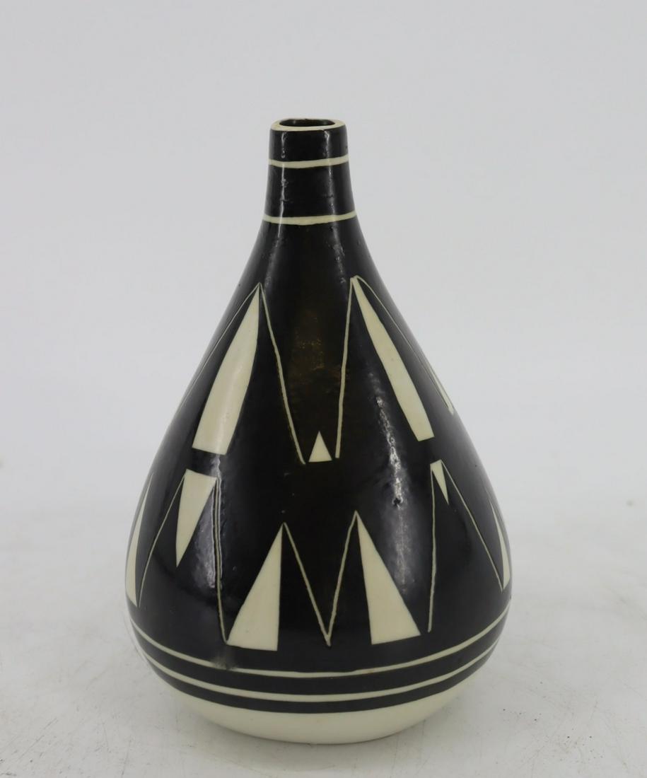A Gustavsberg Studio "Diagonal" Vase: A Gustavsberg Studio "Diagonal" vase in black and white. Signed on base, possibly Sven Wejsfelt. From a Fairfield CT estate. - Dimensions: 6.75"