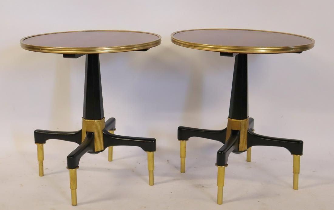 A Pr Of Ebonised And Gilt Metal Mounted Pedestal: Tables. Wonderful pair with great patina. From a Scarsdale NY estate. -dimensions: 22.75" h x 21" dia