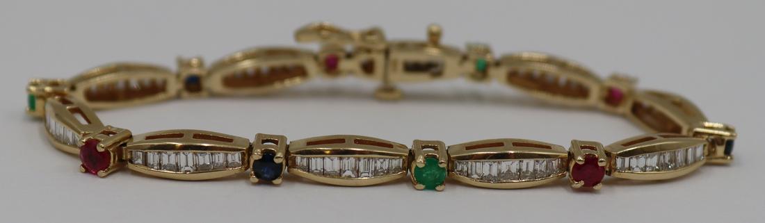 JEWELRY. 14kt Gold, Diamond, and Colored Gem: Bracelet. 14kt yellow gold bracelet set with (10) alternating round faceted colored gems and (10) tapered pendants inlaid with graduated straight baguettes. Total approx. weight is 8.4 dwt (gross). Fr