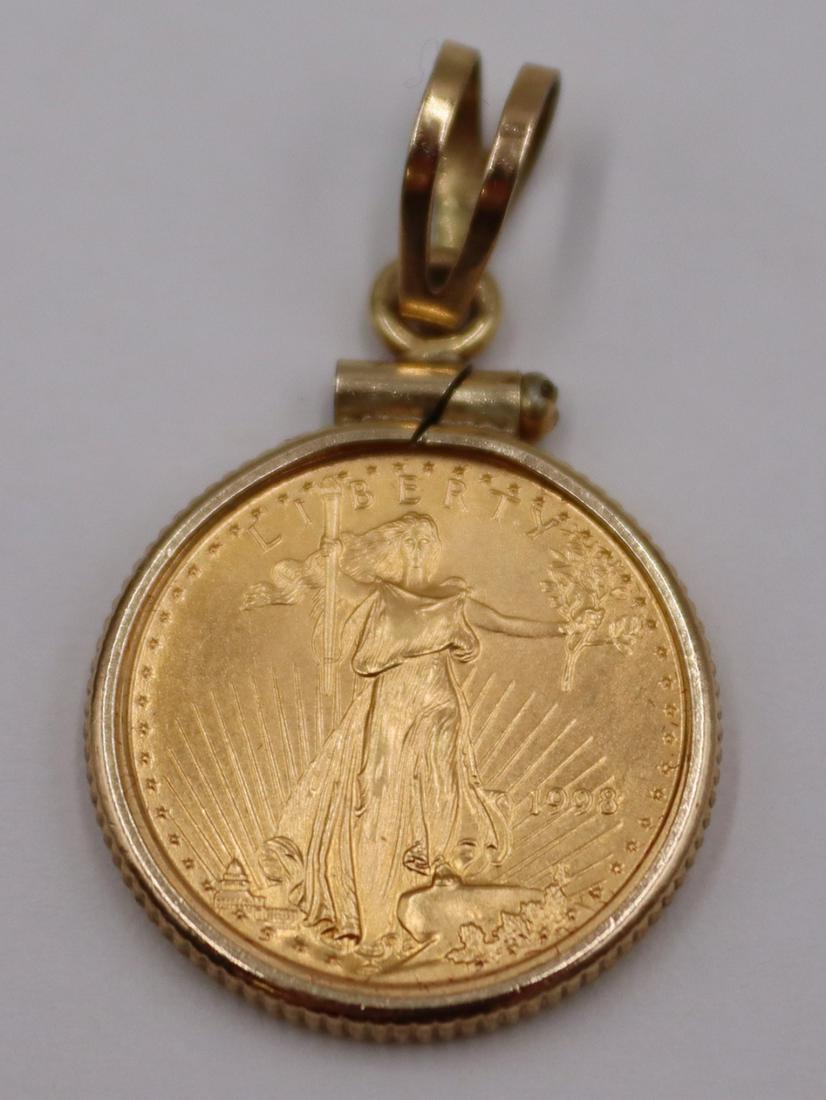 JEWELRY. 1998 $5 Gold Coin Pendant.: United States $5 gold coin mounted as a pendant. With a gold-filled mounting and bail. Total 2.7 dwt (gross). From a Mamaroneck, NY estate. Dimensions: pendant measures approx. 0.69" w x 1.14&quo