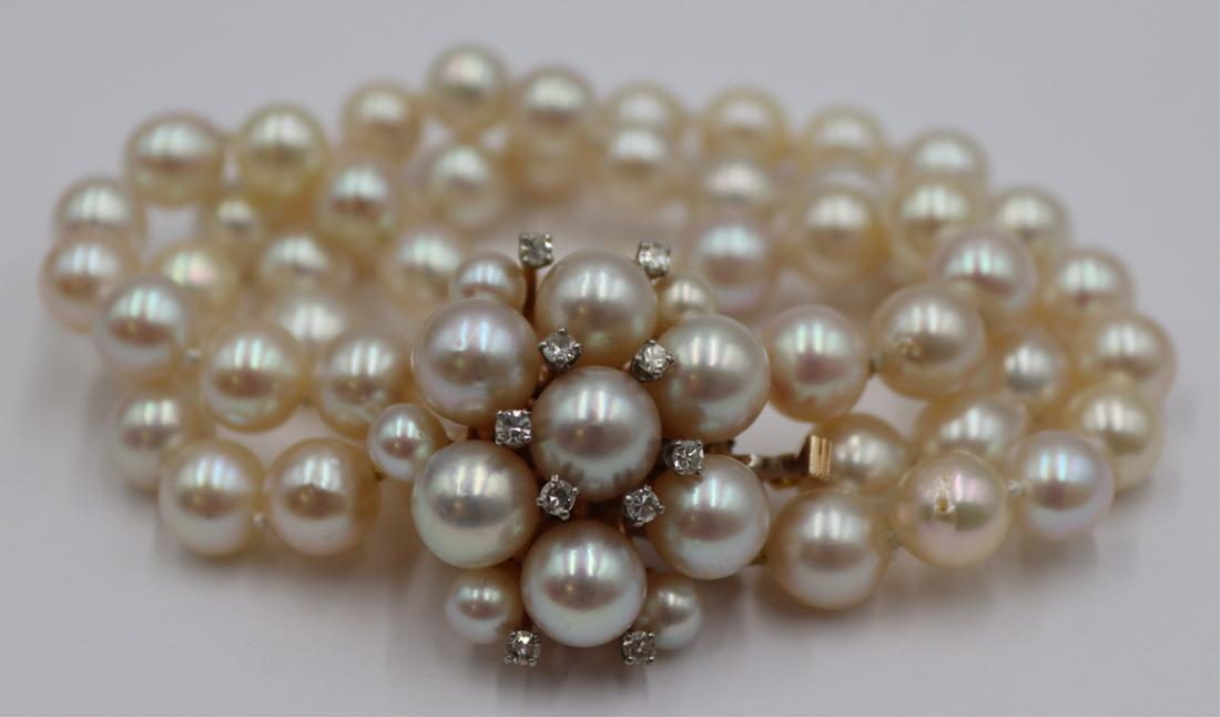 JEWELRY. 14kt Gold, Pearl, and Diamond Bracelet. (1 of 5)