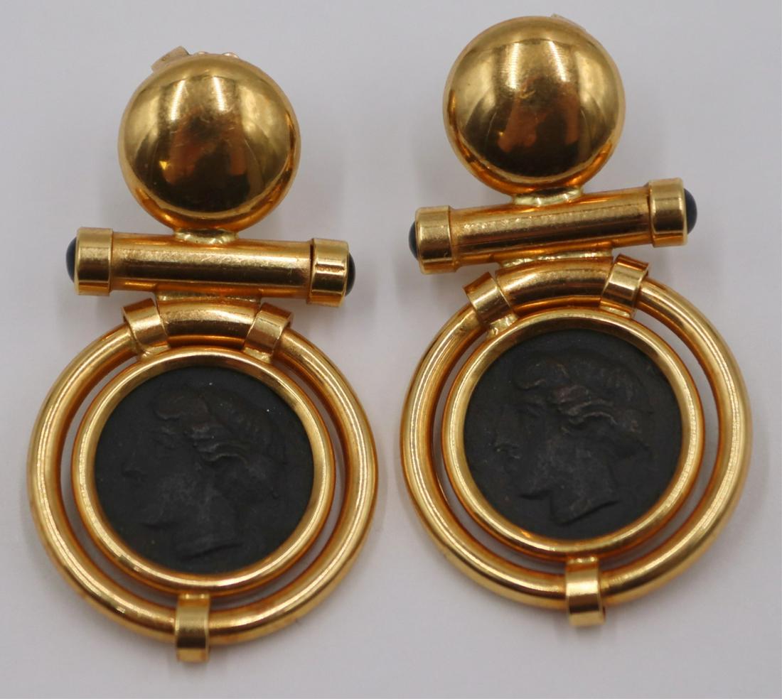 JEWELRY. Pair of Italian 18kt Gold and Roman: Medallion Earrings. Pair of Italian 18kt yellow gold earrings with circular pendants set with Roman medallions. With blue cabochon terminals to central bar. Stamped verso, "18K Italy". Total